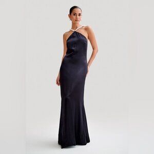 BLANCHE -Satin Pearl Halter Maxi Dress